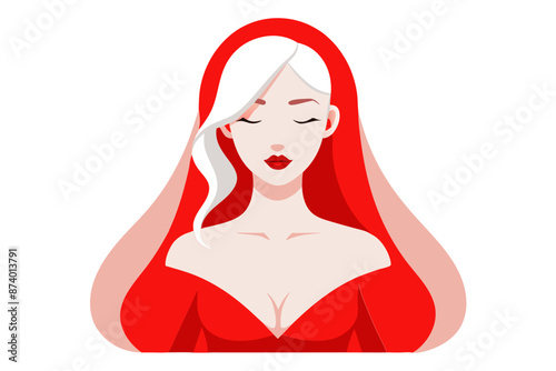 Inclusive beautiful albino woman wearing red veil on white background Delicate female fashion model covered with tulle fabric standing with eyes closed Vertical Aesthetic Inclusion albinism beauty