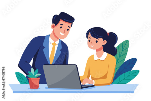 Mid aged Latin male manager mentor teaching young Asian female worker looking at laptop discussing corporate strategy in teamwork working on computer in office at international team meeting modern