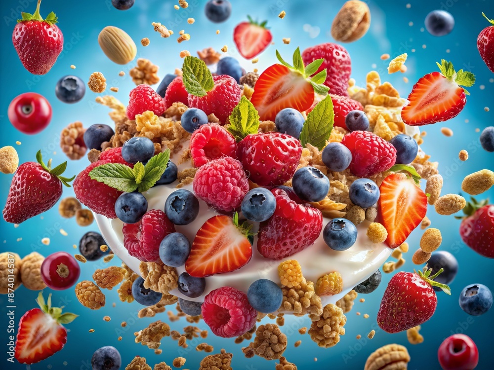Colorful background of strawberries, raspberries, blueberries, muesli and yogurt: a bright and healthy combination to create a delicious visual effect in photos
Colorful background of strawberries, raspberries, blueberries, muesli and yogurt: a bright and healthy combination to create a delicious visual effect in photos