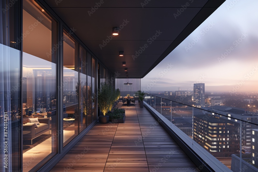 Modern balcony with glass railing and city view at sunset, creating a stylish and sophisticated space perfect for urban living. Modern balcony with glass railing and city view at sunset, creating a stylish and sophisticated space perfect for urban living.