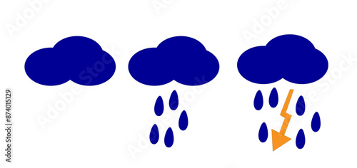 cloud set of three lightning rain on a transparent background ,