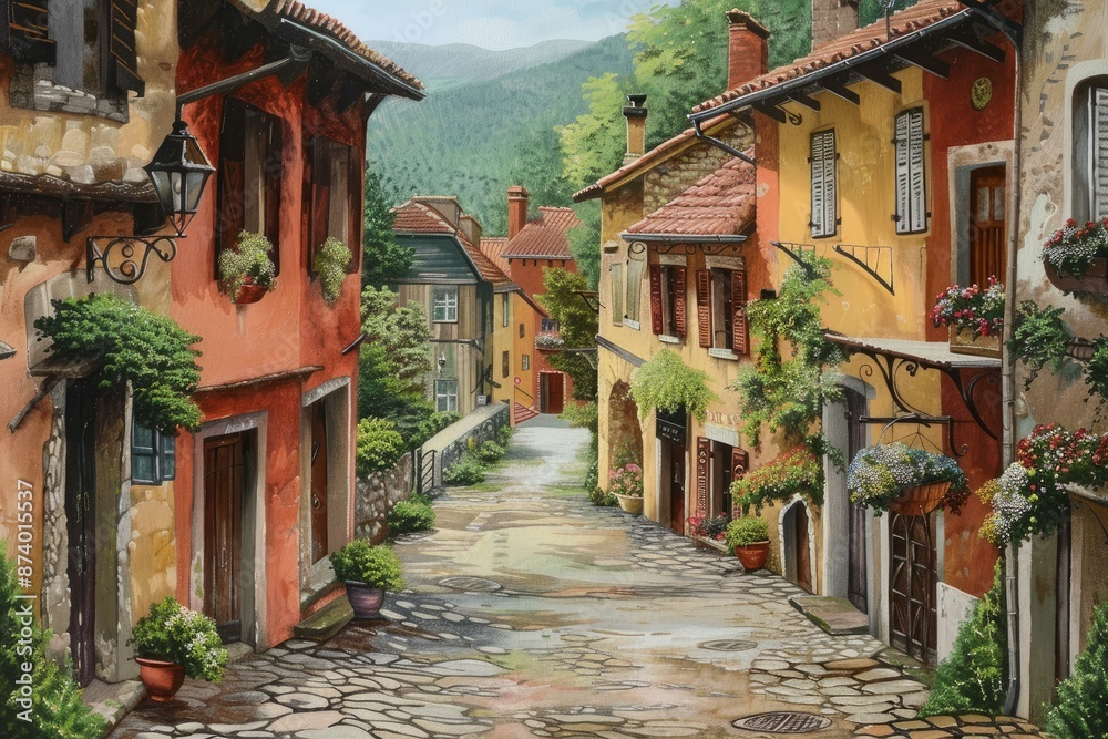Fototapeta premium A picturesque painting of a quaint cobblestone alley lined with colorful houses and lush greenery in europe