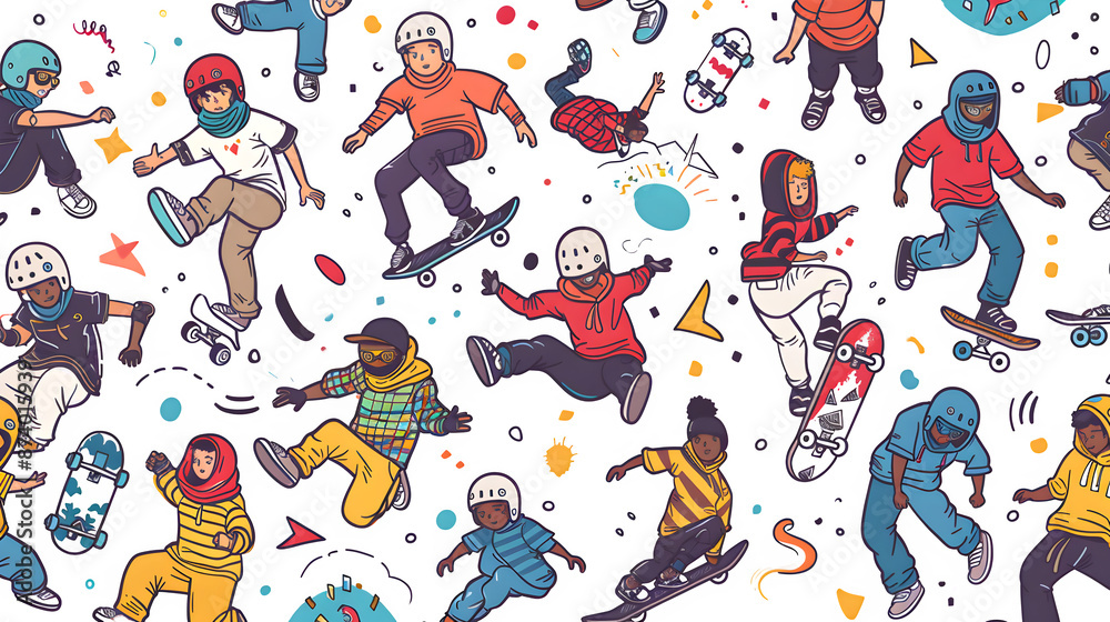 Naklejka premium Friendship Day - Friends Skateboarding Fun-Filled Background with Doodles PNG File, Isolated on White
