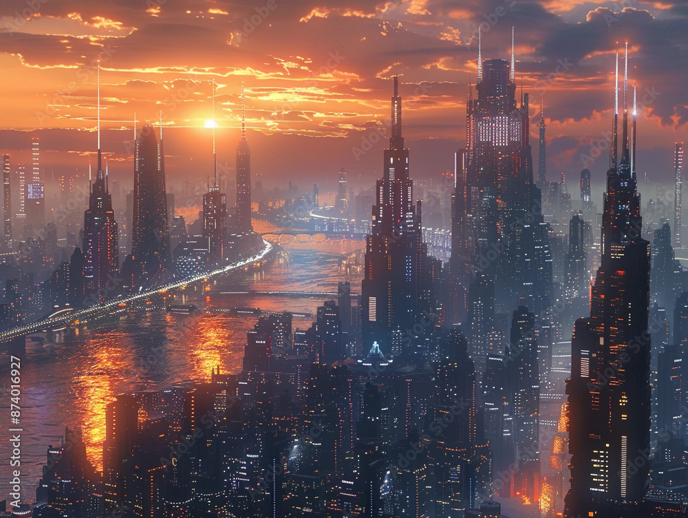 Fototapeta premium Futuristic City Skyline at Sunset