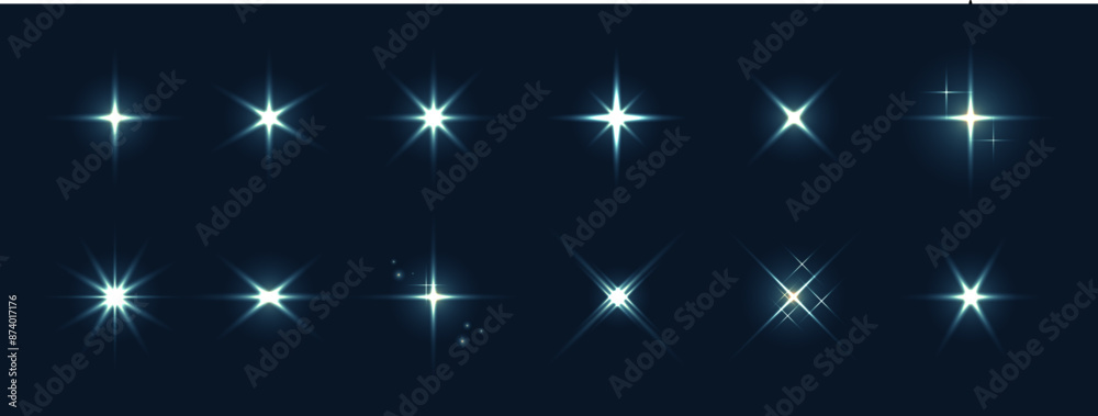 A realistic vector illustration of various light effects on a black background, including sparkling stars and flickering and flashing lights.Collection of different light effects on black background A realistic vector illustration of various light effects on a black background, including sparkling stars and flickering and flashing lights.Collection of different light effects on black background