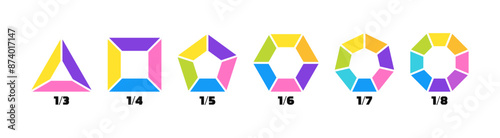 Segmented diagrams of geometric figures such as triangle, square, pentagon, hexagon, heptagon and octagon. Set of figure diagrams with 3, 4, 5, 6, 7 and 8 parts. Vector illustration