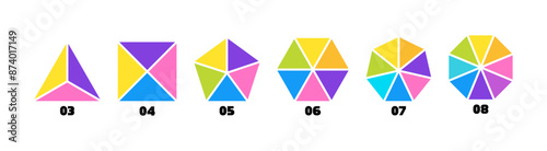Segmented diagrams of geometric figures such as triangle, square, pentagon, hexagon, heptagon and octagon. Set of figure diagrams with 3, 4, 5, 6, 7 and 8 parts. Vector illustration