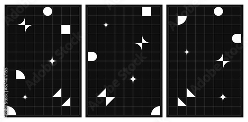 Futuristic grid box poster with different geometric abstract elements. Cover design in retro minimal style. Different elements in y2k style in black and white color. Vector illustration