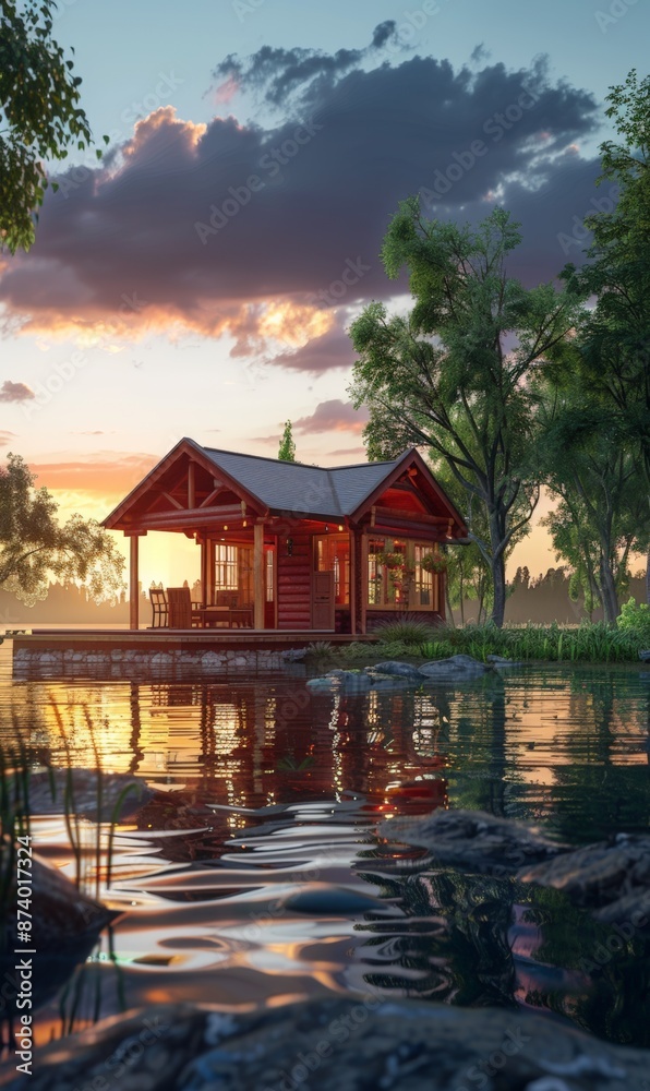 Fototapeta premium A serene lakeside cabin at dusk