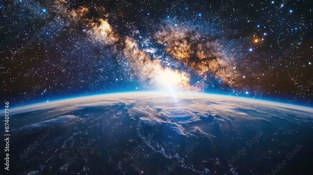 Obraz premium Stunning view of Earth from space with the Milky Way galaxy illuminating the sky, showing the universe's beauty.