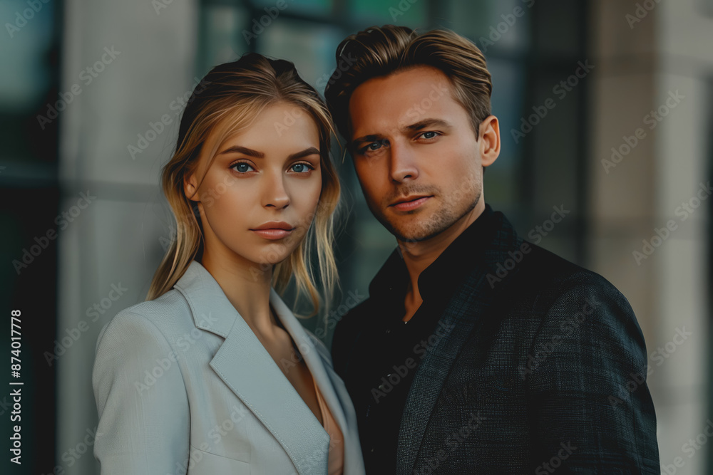 Colleagues businesswoman and man in the street near the business center, real estate background. Colleagues businesswoman and man in the street near the business center, real estate background.