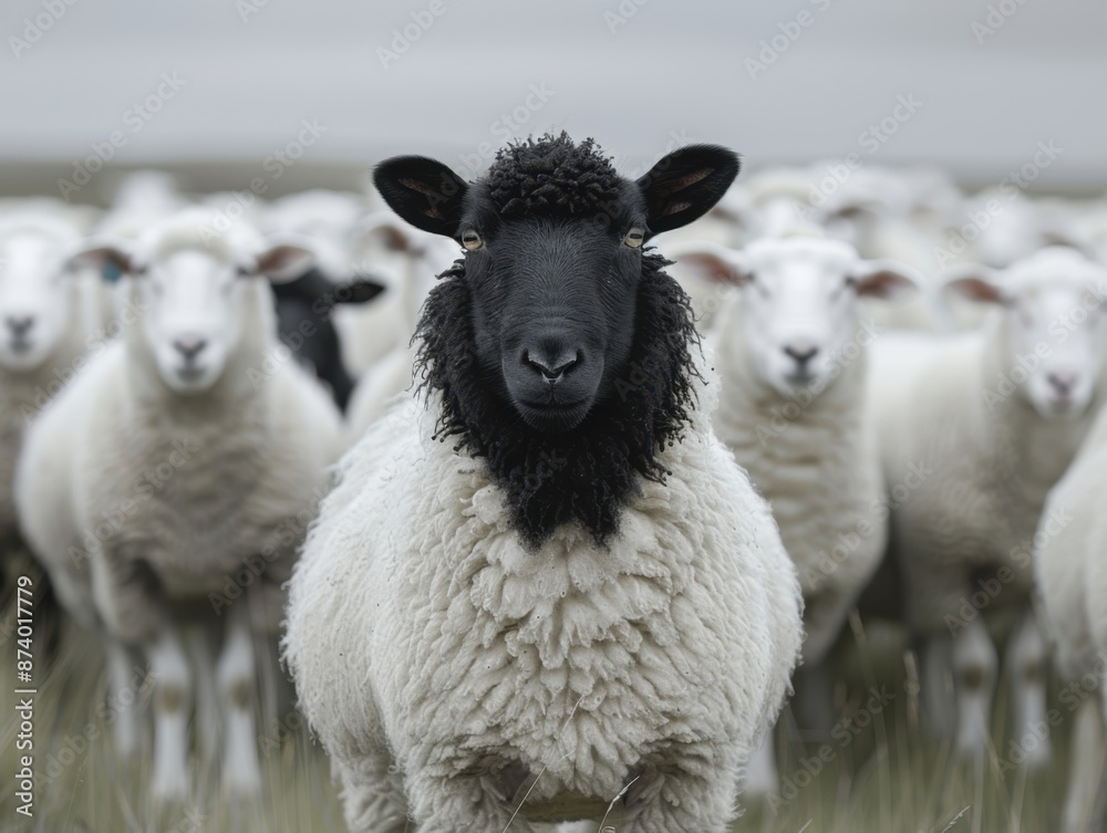 Fototapeta premium Stand Out: Black Sheep Among White Sheep in Contrasting Field