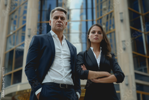 Wallpaper Mural Colleagues businesswoman and man in the street near the business center, real estate background. Torontodigital.ca