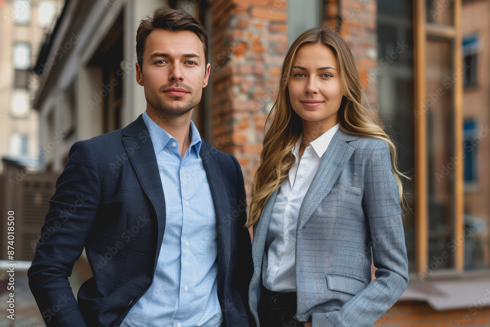 Colleagues businesswoman and man in the street near the business center, real estate background. Colleagues businesswoman and man in the street near the business center, real estate background.