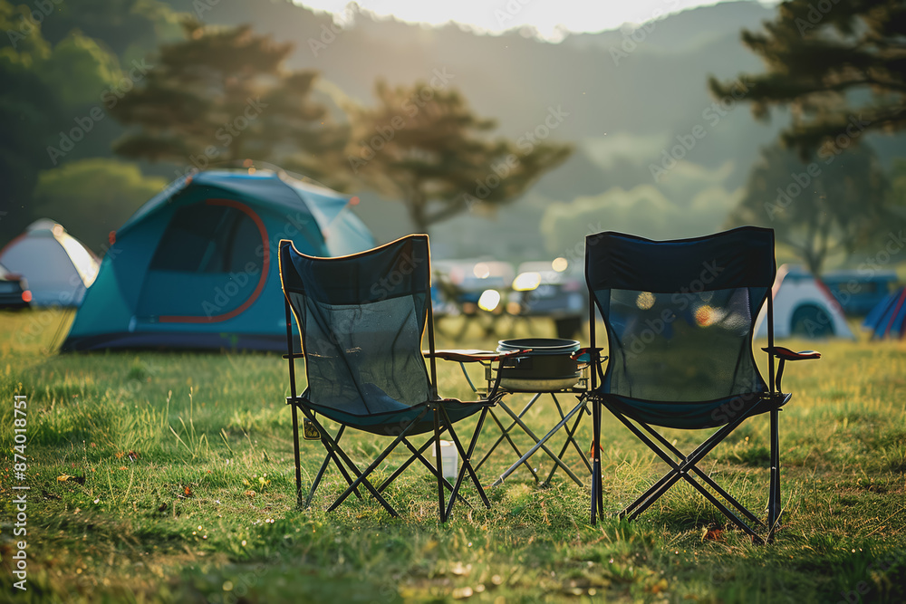 Camp in the sunny outdoors with just one tent. camping chair BBQ rack During the day. Camp in the sunny outdoors with just one tent. camping chair BBQ rack During the day.