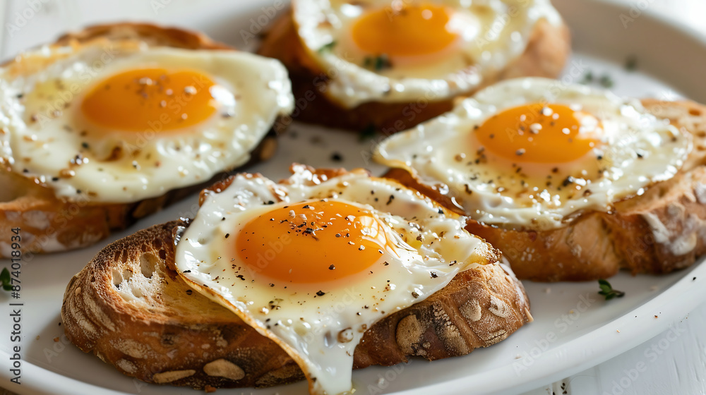 Eggs On Toast, Food Photography, Close-up Shot Of Toasts With Eggs And Herbs On A White Plate.
Eggs On Toast, Food Photography, Close-up Shot Of Toasts With Eggs And Herbs On A White Plate.