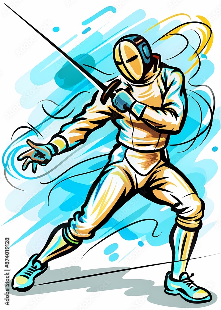 Obraz premium Fencing Athlete in Combat: Dynamic Thrust and Parry, perfect for sports magazines, fencing club promotions, training materials, or articles about precision and strategy in sports.