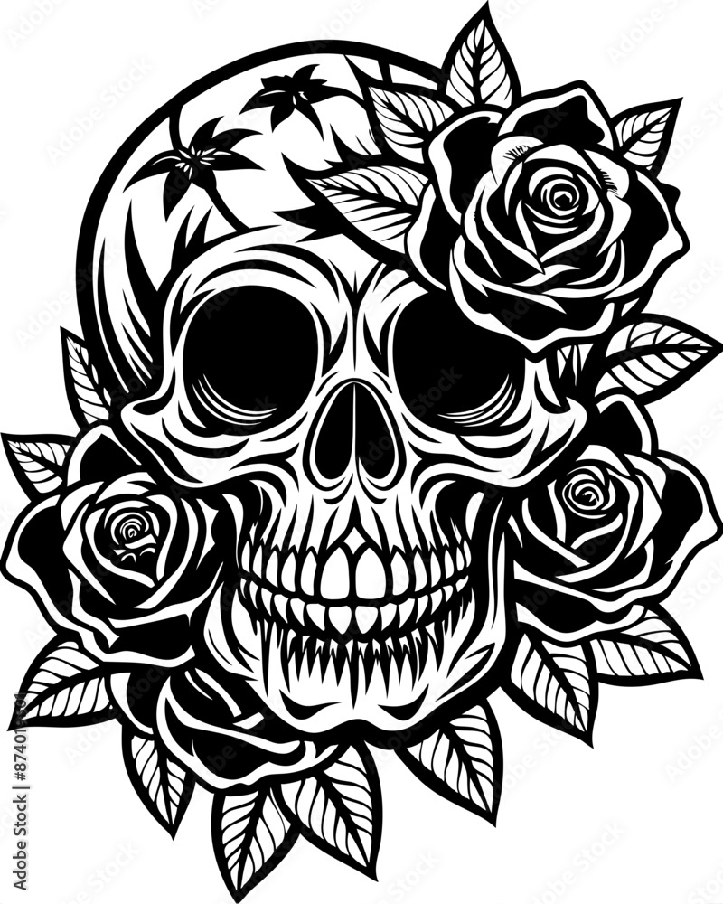 A detailed skull design is adorned with roses and leaves, A detailed skull design is adorned with roses and leaves,