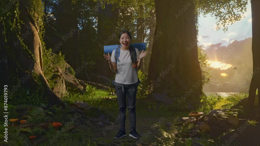 Full Body Of Asian Female Hiker With Mountaineering Backpack Saying Wow While Exploring Forest Nature Full Body Of Asian Female Hiker With Mountaineering Backpack Saying Wow While Exploring Forest Nature