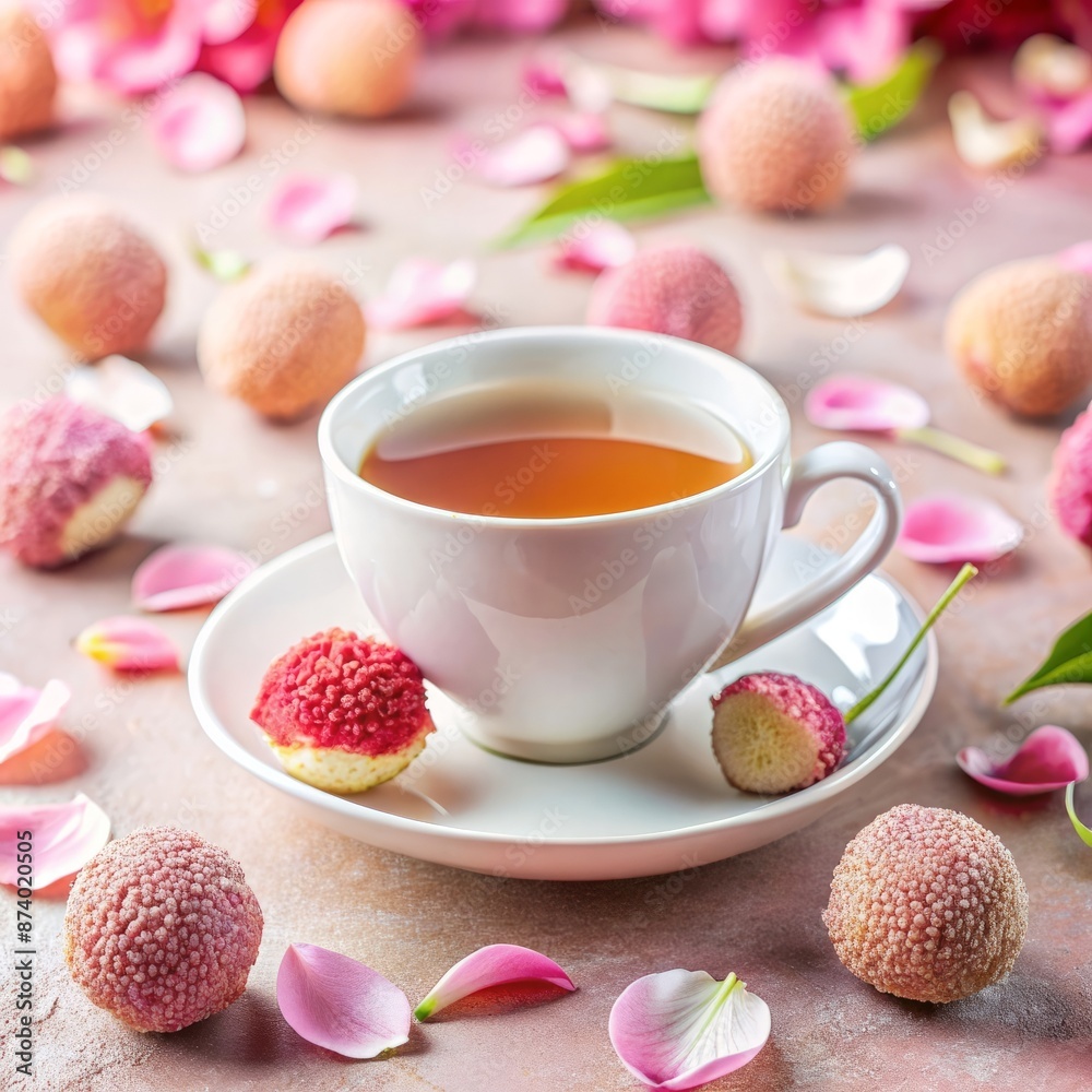 Fruit tea in a white cup with lychee and rose petals: the perfect combination of taste and aroma for morning tea.
Fruit tea in a white cup with lychee and rose petals: the perfect combination of taste and aroma for morning tea.