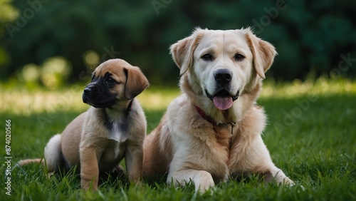 labrador retriever puppy,The image depicts two puppies, one black and the other brown, sitting on a grassy field with their mother, who is white. The puppies are sitting side by side with their mother