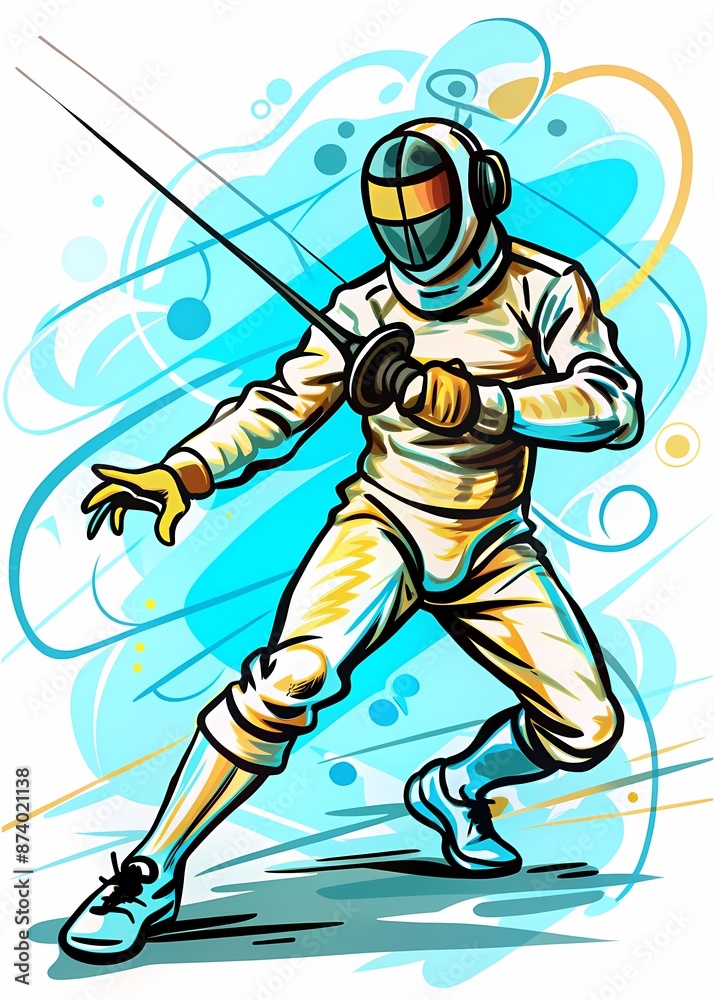 Obraz premium Fencing Athlete in Combat: Dynamic Thrust and Parry, perfect for sports magazines, fencing club promotions, training materials, or articles about precision and strategy in sports.