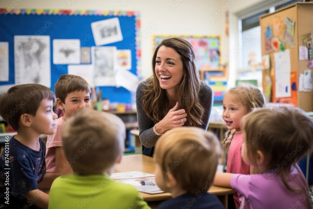 Teacher and children in a classroom talking student adult togetherness. Teacher and children in a classroom talking student adult togetherness.