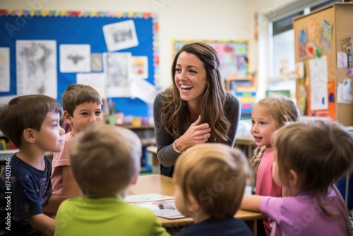 Teacher and children in a classroom talking student adult togetherness.