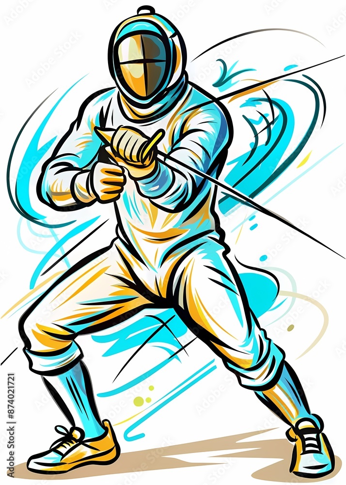 Obraz premium Fencing Athlete in Combat: Dynamic Thrust and Parry, perfect for sports magazines, fencing club promotions, training materials, or articles about precision and strategy in sports.