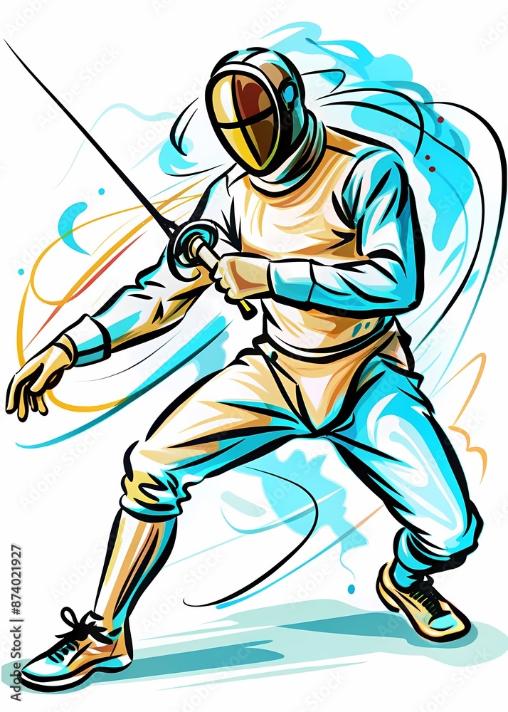 Obraz premium Fencing Athlete in Combat: Dynamic Thrust and Parry, perfect for sports magazines, fencing club promotions, training materials, or articles about precision and strategy in sports.
