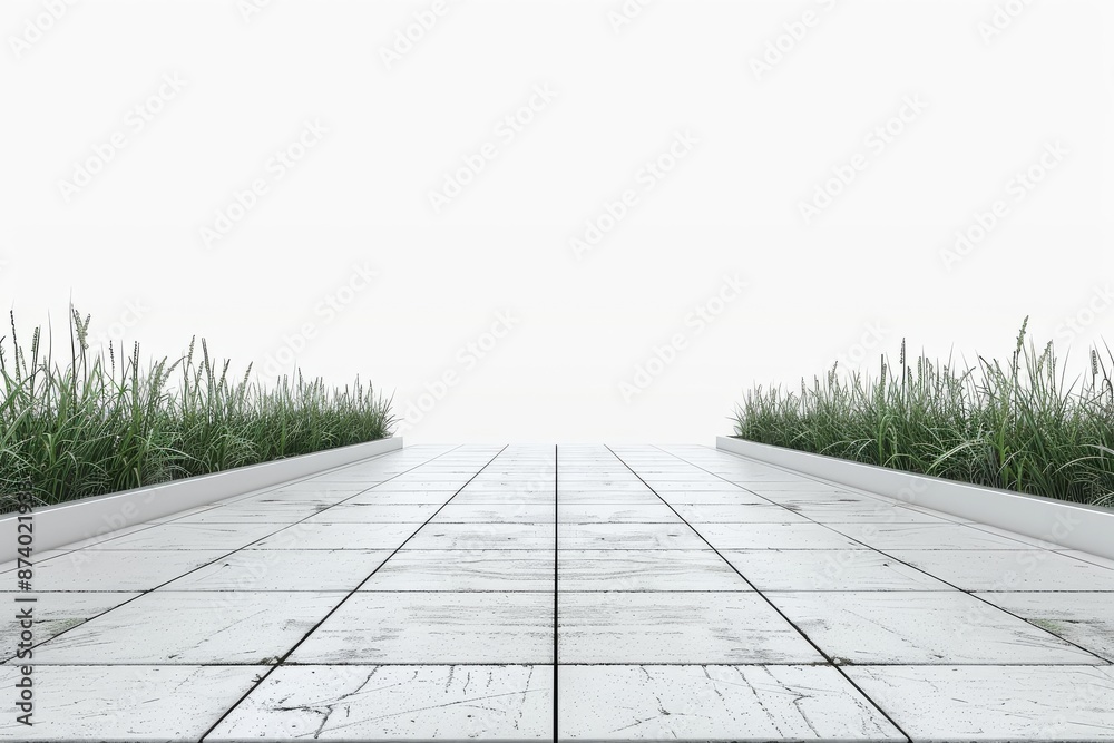 Fototapeta premium Modern walkway with large stone tiles, lush grass, and clear blue sky, creating a fresh and inviting atmosphere.