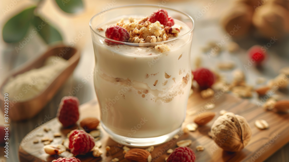 Indulge in a refreshing blend of crunchy nuts, sweet dried fruit, and creamy milk.