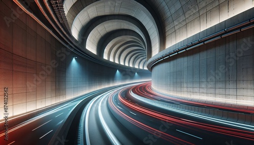 Ein eleganter, futuristischer Tunnel mit sanften Kurven und integrierter Beleuchtung, fortschrittliches architektonisches Design und moderne Technologie photo
