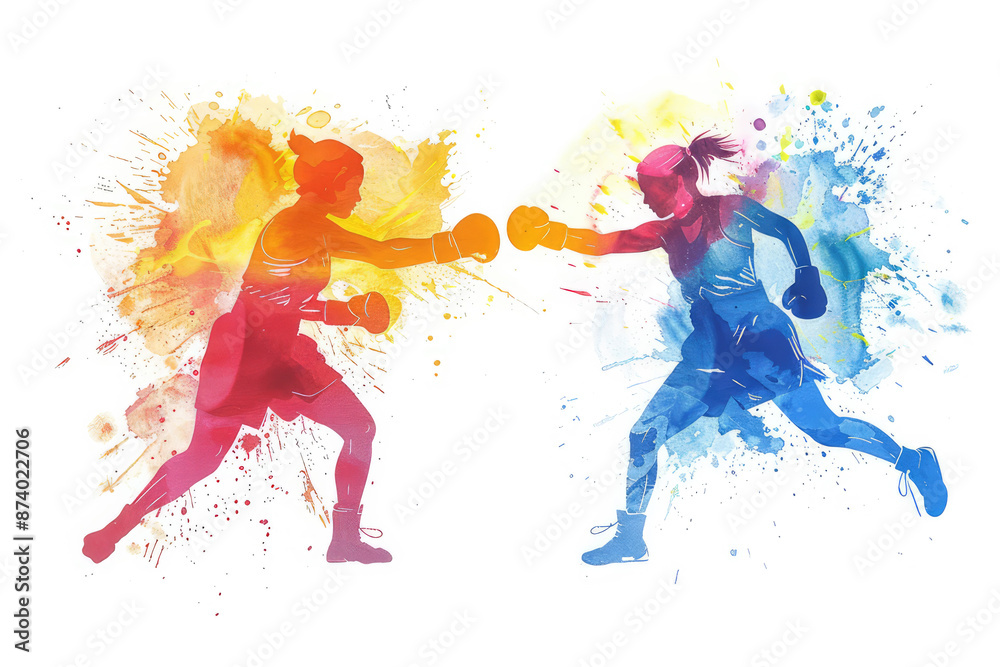 two women boxing, in style of an aquarelle two women boxing, in style of an aquarelle