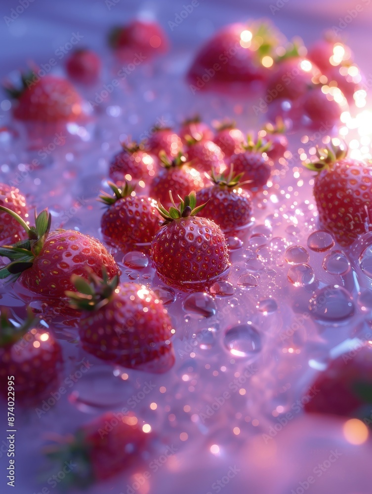 Close-up of fresh strawberries on icy droplets reflecting sunlight, creating a glowing, refreshing scene. Close-up of fresh strawberries on icy droplets reflecting sunlight, creating a glowing, refreshing scene.