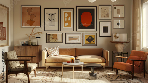 A modern living room featuring a gallery wall with eclectic framed art pieces, cozy furniture, and warm lighting.