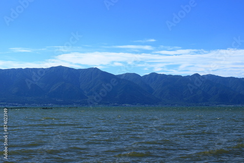 爽やかな夏空と琵琶湖越しに見る湖西の山並み