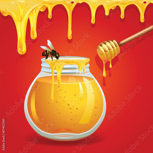 Honey in glass jar with Bee The dipper scooped the honey dripping illustration