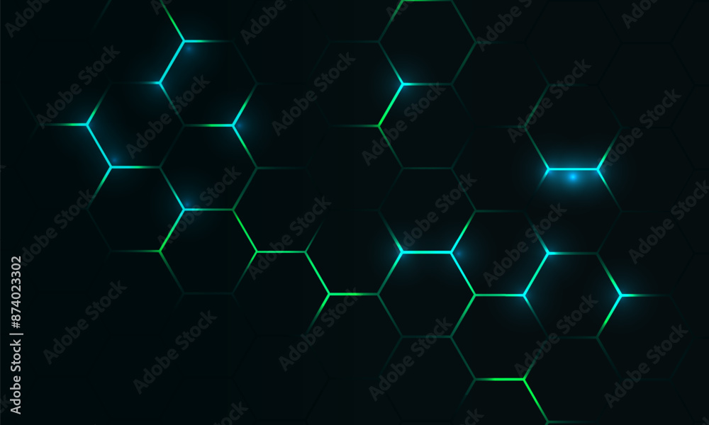 Dark hexagon abstract technology background with blue and green colored bright flashes under hexagon. Hexagonal gaming vector tech illustration black abstract background.