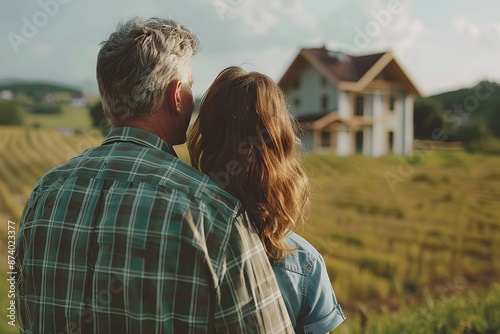 "Mature Couple Dreaming at Their New House Under Construction"