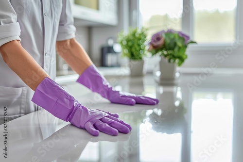 Person Cleaning Kitchen Counter with Purple Gloves. Generative ai © Yevheniiya