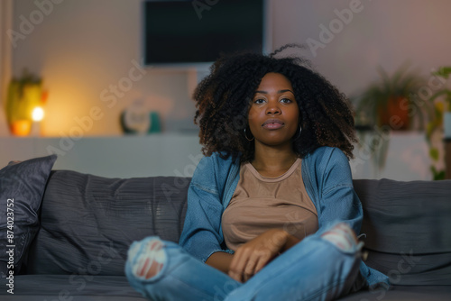 young black woman sitting on sofa and looking depressed photo