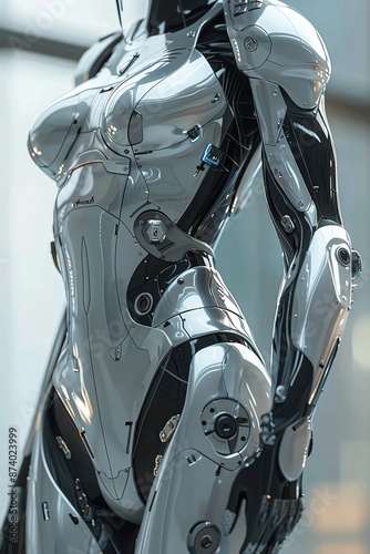 Close up of a futuristic female robot with a chrome and silver body