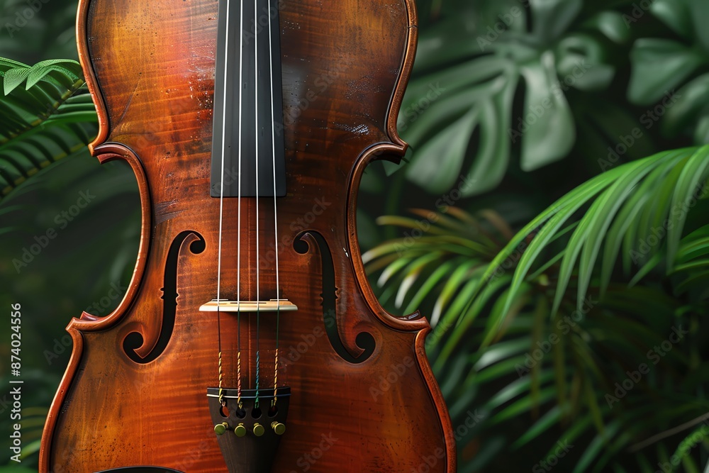 Fototapeta premium Closeup of a wooden violin against a lush green tropical backdrop.