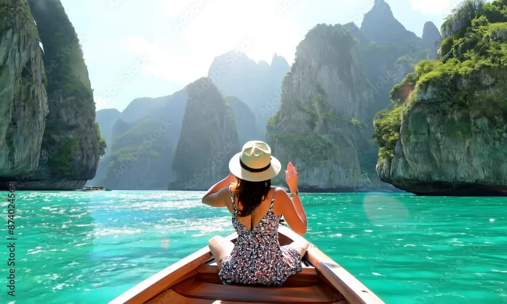 A woman in a hat is sitting in a boat on a lake. The lake is very blue and the mountains in the background are very tall