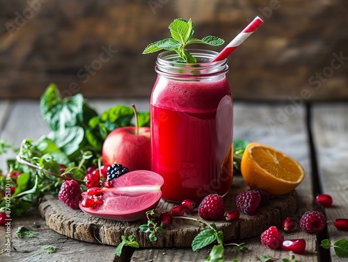 A glass of fresh juice sits...