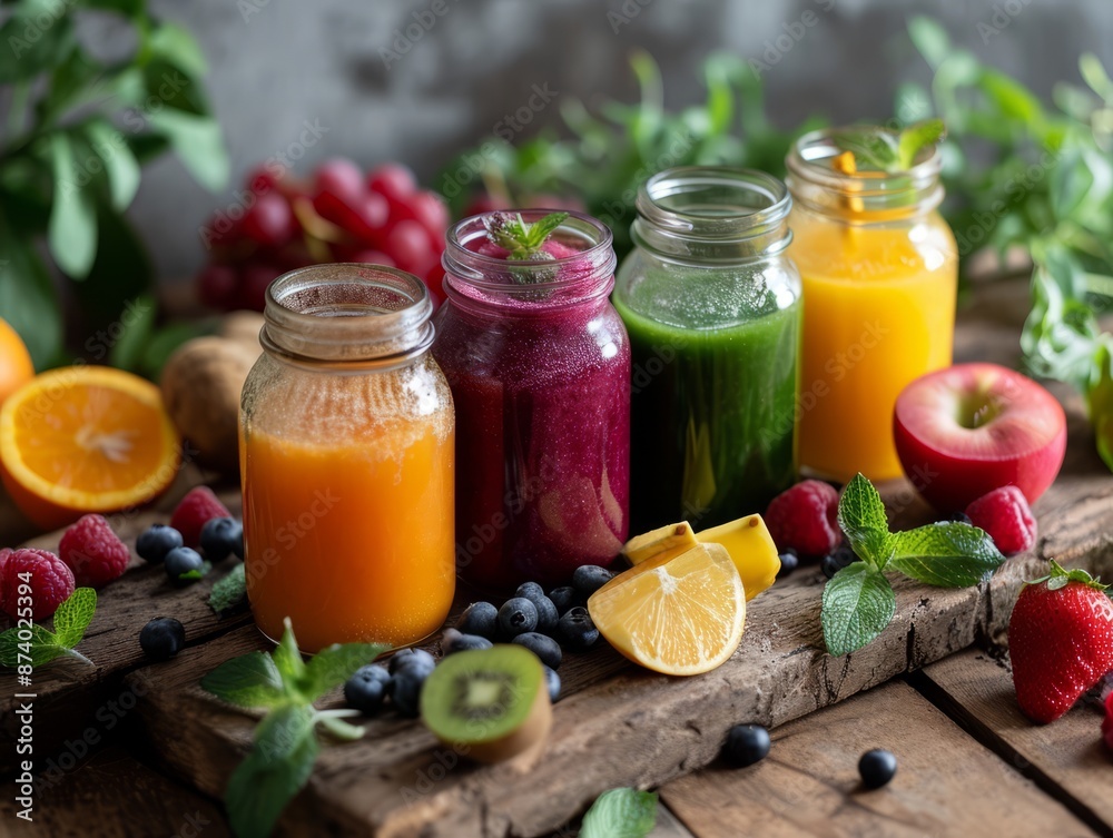 Glasses of freshly squeezed fruit juice surrounded by a variety of fruits and vegetables. Glasses of freshly squeezed fruit juice surrounded by a variety of fruits and vegetables.
