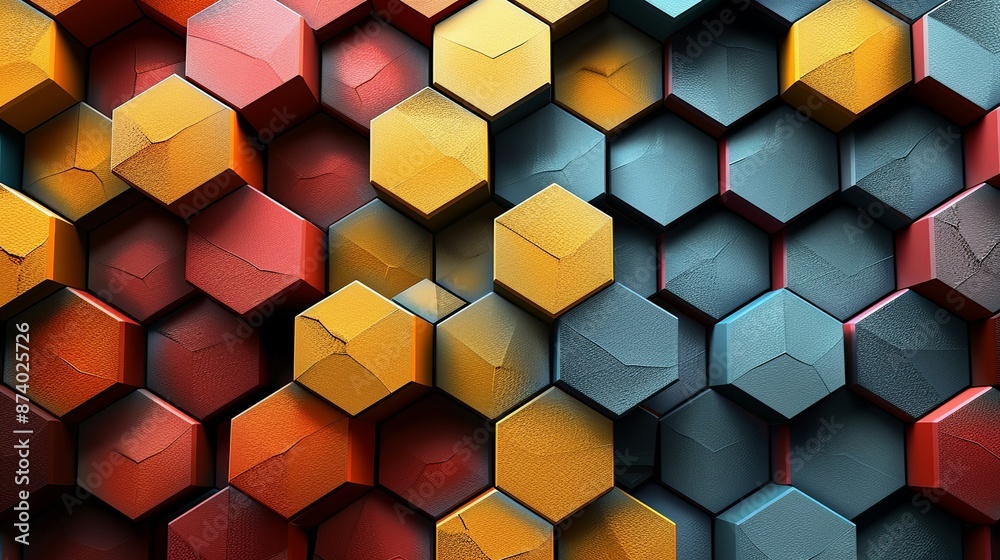 Craft a colorful mosaic of hexagonal tiles in a vibrant, multicolored scheme, suitable for energetic digital projects. Illustration, Image, , Minimalism, Craft a colorful mosaic of hexagonal tiles in a vibrant, multicolored scheme, suitable for energetic digital projects. Illustration, Image, , Minimalism,