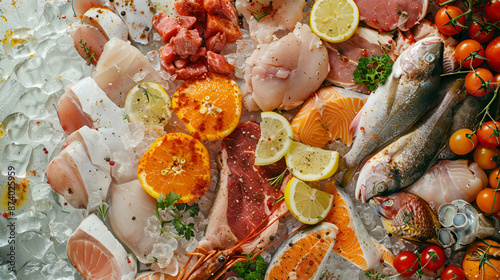 Assortment of meat and seafood . Beef , chicken , fish and pork