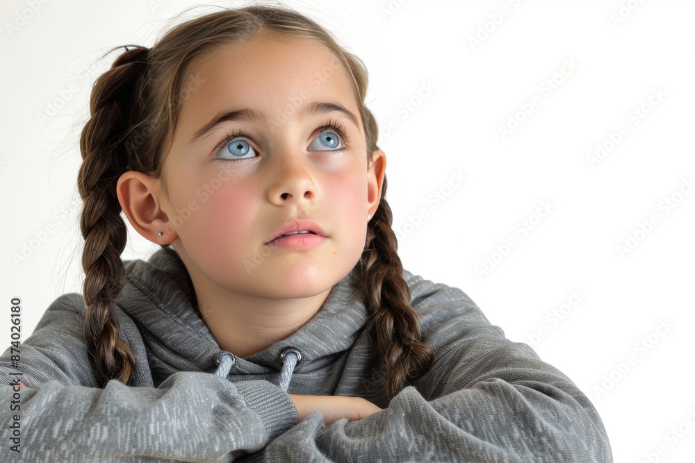 Thoughtful young girl with braids looking upwards in casual grey hoodie against neutral background Thoughtful young girl with braids looking upwards in casual grey hoodie against neutral background